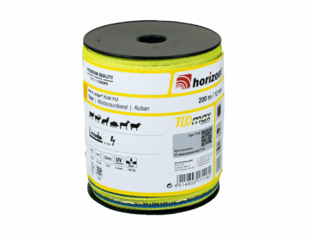 RANGER TLDmax T12-Fluo afrasteringslint – 12 mm breed, 200 m lang, met fluorescerende gele/blauw/groene kleur en hoge geleiding voor veilige lange afrasteringen.