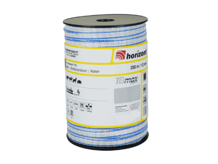 Blauw-wit afrasteringslint hotSHOCK T12 – 12 mm breed, met hoge breekkracht en versterkt geleidermateriaal voor optimale geleiding en zichtbaarheid.